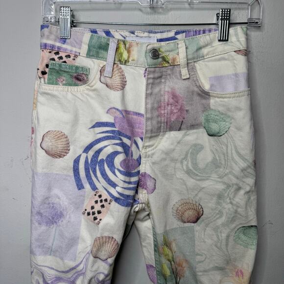 ZARA Women’s Printed Skinny Jeans Pants Size 2 Pastel Seashell Abstract Boho - Picture 8 of 9